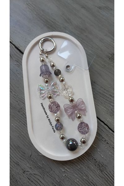 Atolye Ferda Gray Colored Bow and Flower Figured Phone Charm Bag Ornament