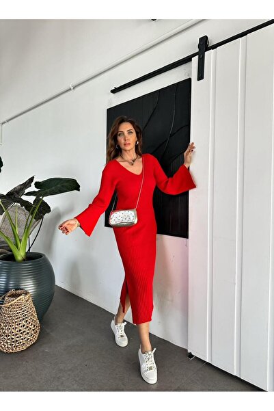 Zerrincan Giyim Kırmızı İspanyol Kol Triko Elbise