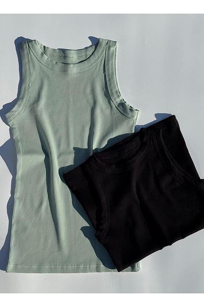 Elosia Black and Green Neck Collar Women's Tank Top - Extra Stretchy, Cotton, Set of 2