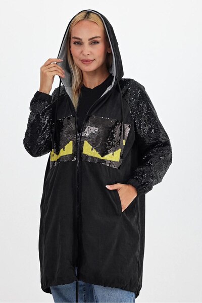 Butik Ayseba Kadın Siyah Pul Payet Detaylı Pullu Kapüşonlu Trençkot