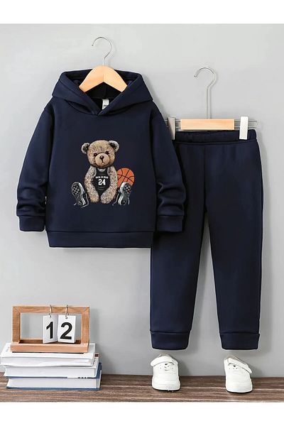Little Wears Basketball Bear Premium 3Rd for Boys and Girls Yarn Compact Sweatshirt & Sweatpants Set