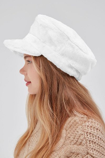 derikem White Winter Plush Cap - Newsboy Design