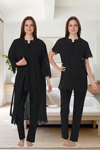 effort Siyah 3lü Fisto Sabahlıklı Lohusa Pijama Takımı