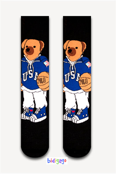 Bidigago Teddy Bear Basketbol Desenli Siyah Unisex Soket Çorap