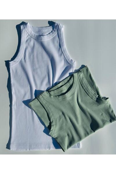 Elosia Modern Fit Halter Neck 2-Piece Green and White, Camisole, Extra Stretchy, Cotton Women's Undershirt-Blouse