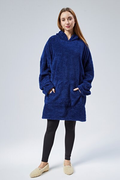Nisa Lacivert Kapüşonlu Kanguru Cepli Uzun Kollu Wellsoft Oversize Kadın Giyi...