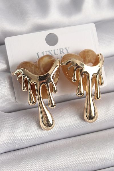 Clariss Brass Gold Color Cream Pearlescent Flowing Heart Model Women's Earrings