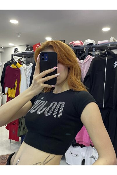 Violon Tiskani kameni svetlucavi crni crop top