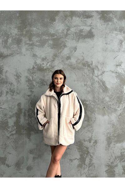 Butik Beyza Leather Detailed Lined Plush Coat
