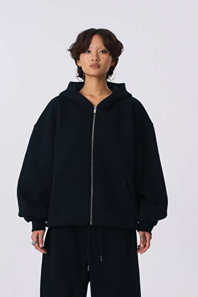 BayBayan Γυναικεία Ανδρική Ζακέτα με φερμουάρ Navy Blue με 3 κλωστές