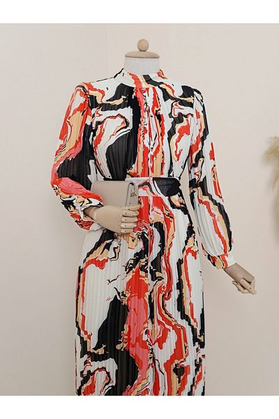 Modamorfo Orange Chiffon Dress - Print, Pleat and Sash