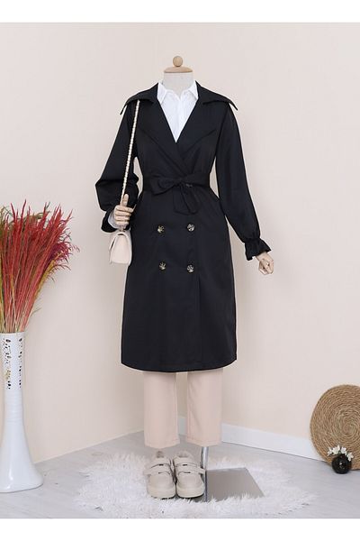 Modamorfo Trenchcoat mit Gummizug, Gürtel und Taschen – Schwarz