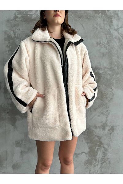 Butik Beyza Leather Detailed Lined Plush Coat
