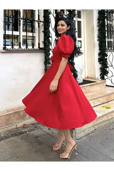 KÜÇÜĞÜM BUTİK Φόρεμα Κόκκινο Crepe Midi Μήκος Flared με μανίκια καρπούζι