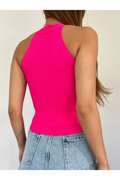 Modamorfo Tricotaj cu nervuri cu mâneci zero, cu detalii metalice - fucsia