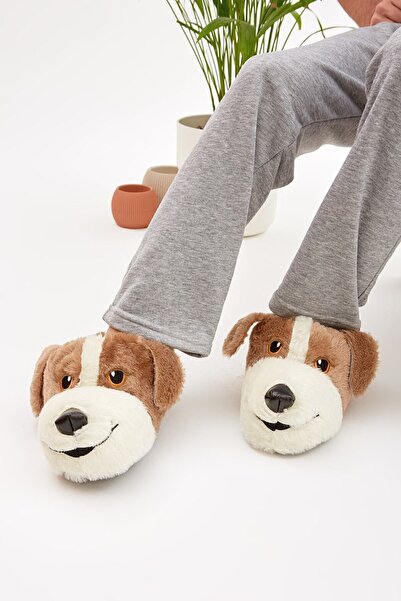 Moda Devrin Mdes Taba Hayvanlı Sessiz Taban Panduf Sevimli Köpek Figürlü Peluş Ev Ayakkabısı