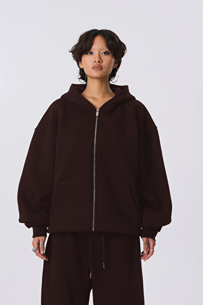 BayBayan Γυναικεία και ανδρική καφέ ζακέτα φούτερ με φερμουάρ και 3 κλωστές