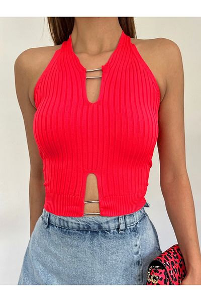 Modamorfo Metal Detailed Zero Sleeve Ribbed Knitwear Crop Undershirt -Red