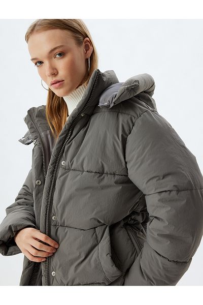Koton Inflatable Coat Hooded Quilted Zippered Snap Button Pocket