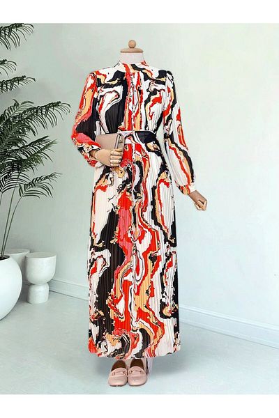 Modamorfo Orange Chiffon Dress - Print, Pleat and Sash
