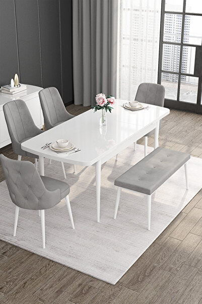 Canisa Roy Serisi 80x132 Mdf Beyaz Masa Takımı 4 Gri Sandalye Ve 1 Bench