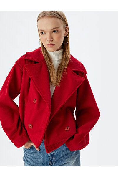 Koton Lined Oversize Jacket - Double Breasted Collar and Buttoned Pocket Detail