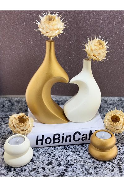 BLANJ Sweetheart Hugs with Heart Vase and Candle Holder Gold Cream Cubuk Candle Holder