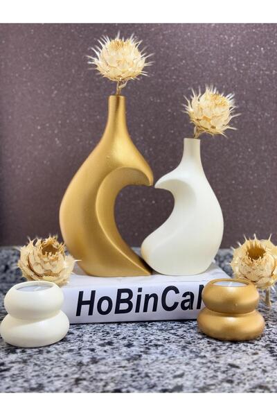 BLANJ Sweetheart Hugs with Heart Vase and Candle Holder Gold Cream Cubuk Candle Holder