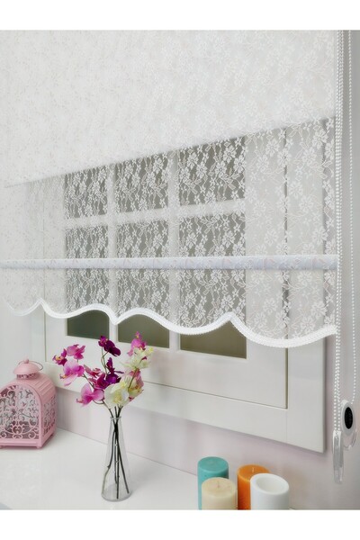 atölyeperde Atölye Perde Çiftli Sistem Yeni Beyaz-Toz Pembe Papatya Dantel Se...