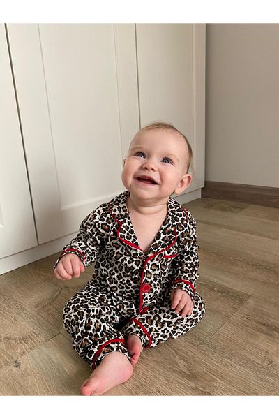 Minizade Leopard Print Buttoned Baby Girl/Child Pajamas Double Set