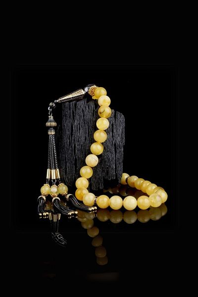 Diriliş Takı Double Color Silver Tasseled 10 mm Sphere Cut Drop Amber Rosary