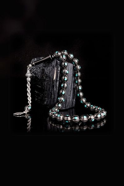 Diriliş Takı Turquoise Processing Silver Tasseled Rosary on Erzurum Oltu Stone