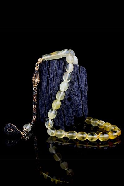 Diriliş Takı Black Zircon Stone Silver Tasseled Fossil Drop Amber Rosary
