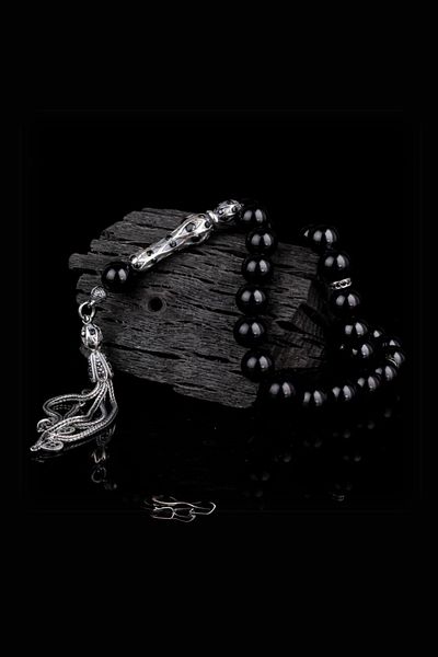 Diriliş Takı Silver Globe Cut Black Zircon Stone Fire Amber Rosary