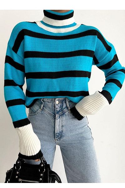 lovebox 0243 Model Turquoise Striped Oversize Knitwear Sweater - High Neck