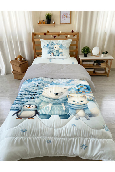 Evmila Sevimli Kutup Hayvanları Desenli Tek Kişilik Peluş Yorgan-Uyku Seti 16...