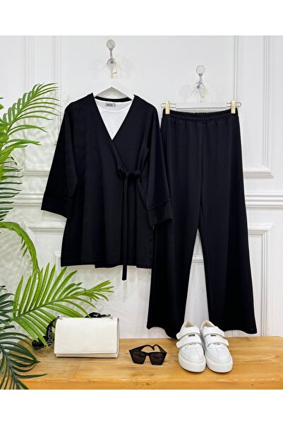 onix azra modal tesettür pantolonlu kimono takım siyah