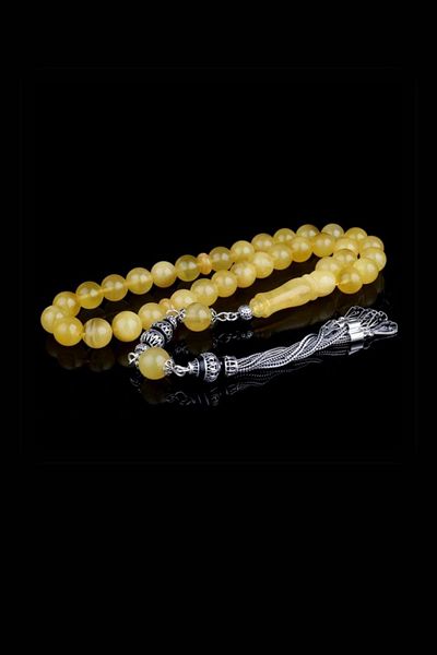 Diriliş Takı 9.5 mm Drop Amber Rosary with Silver Enamel Tassel