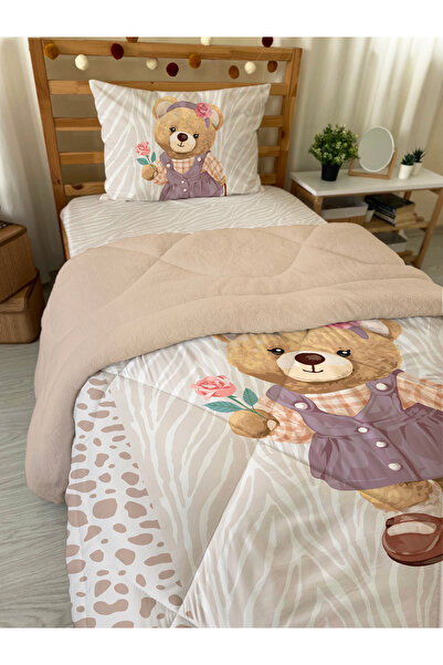 Evmila Ayıcık Desenli Tek Kişilik Peluş Yorgan-Uyku Seti 160x220 cm