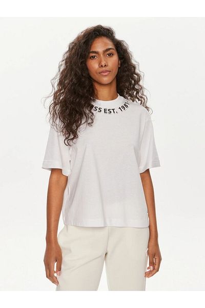 Guess Γυναικείο μπλουζάκι με λογότυπο λαιμού Mid Organic White