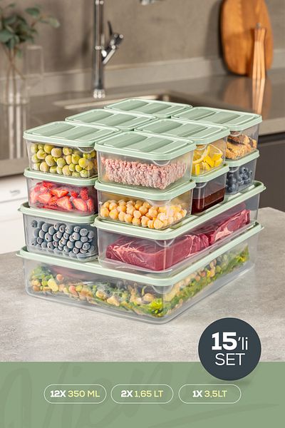 Vienev 15 Pack Refrigerator Freezer Organizer and Storage Container Mint 12X(350ml) 2X(1.65Lt) 1X(3.5Lt)