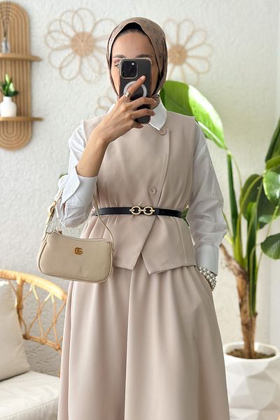 Salih Çelebi Stone Color Belted Vest and Skirt Set - 24123