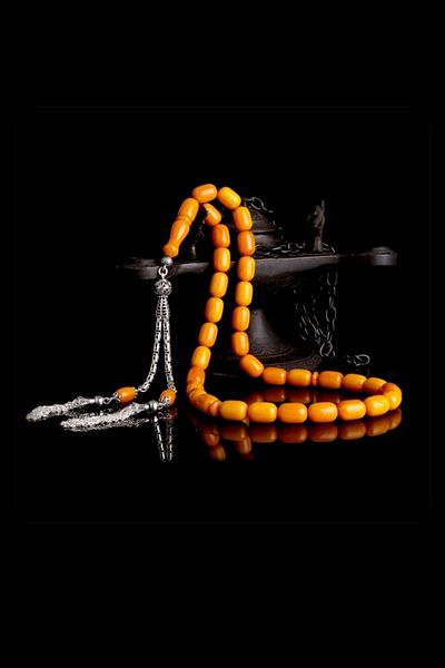 Diriliş Takı Silver King Chain Tufted Capsule Cut Clamping Amber Rosary