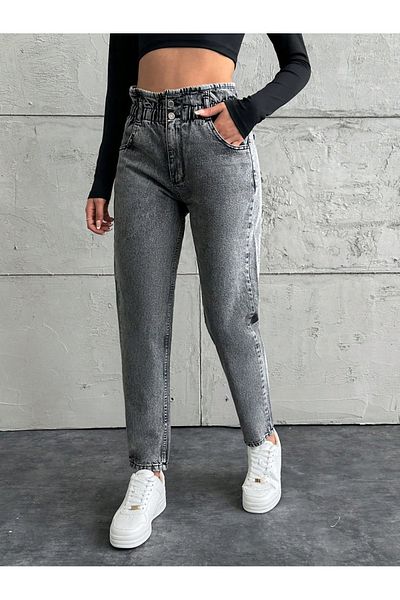 SHEVEGA Women's Smoked Belt Drawsting Elastic Mom Jeans Pants