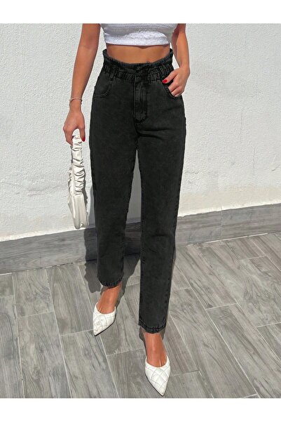 SHEVEGA Women's Black Belt Drawsting Elastic Mom Jeans Pants