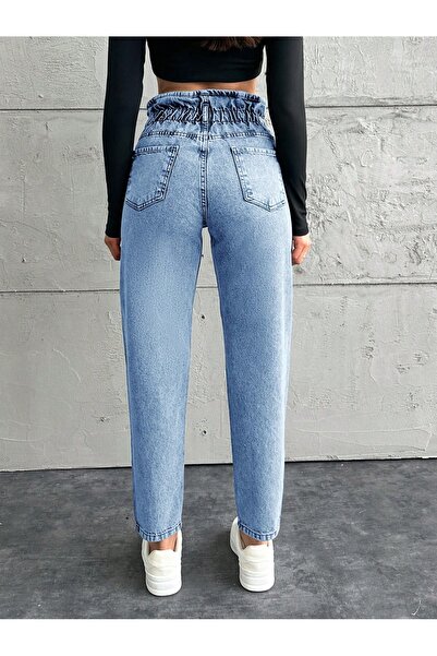 SHEVEGA Women's Light Blue Belt Drawsting Elastic Mom Jeans Pants