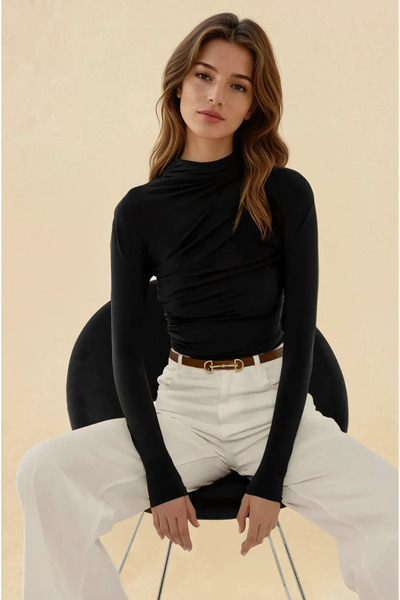 Hiccup Stand Collar Gather Detailed Sandy Blouse