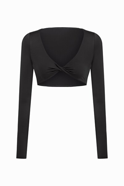 AQUELLA Ava Dönmeli Uzun Kol Siyah Crop-Top
