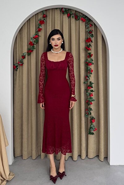lovebox Burgundy Midi Evening Dress - Guipure, Tulle Sleeves and Square Neckline, Gathered 209