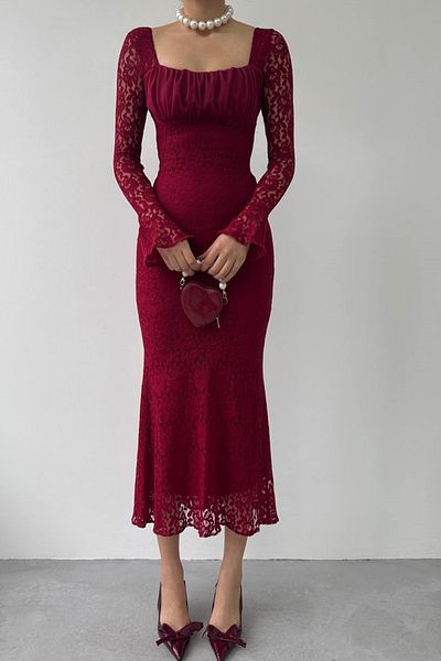 vuvutasarım Burgundy Laced and Sleeves Tulle Design Smocked Square Neck Midi Dress 209